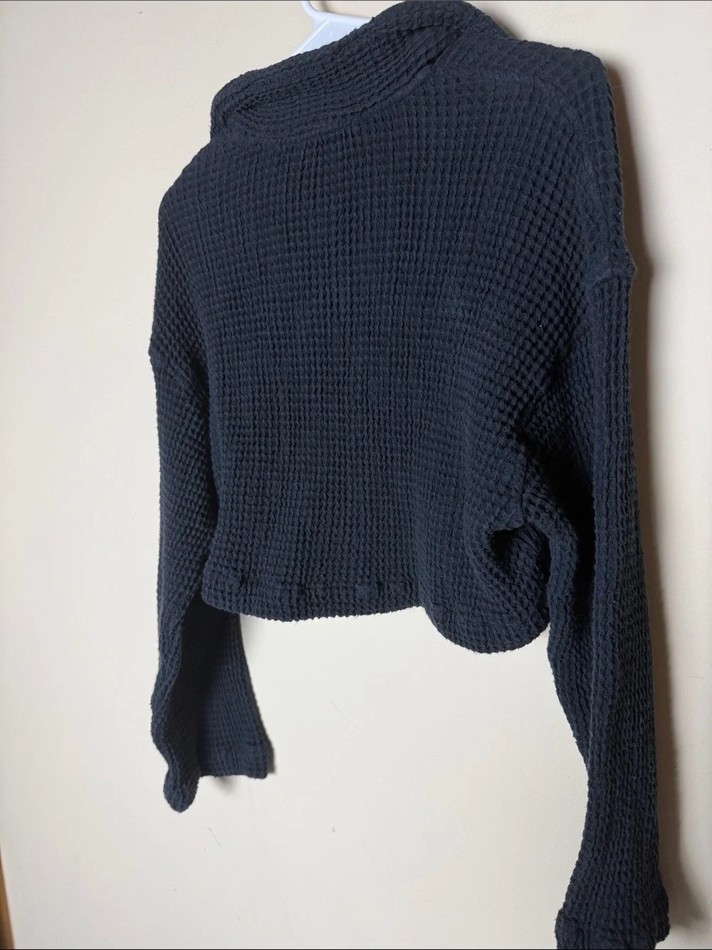 Free People Waffle Knit Gauzy Black Cropped Button Up Top Wide longsleeves No SZ